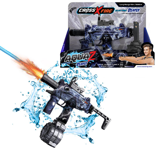 Kazaang Crossfire Aqua Z Electric Reaper toy water gun shown firing with water splash graphics and displayed in its retail box